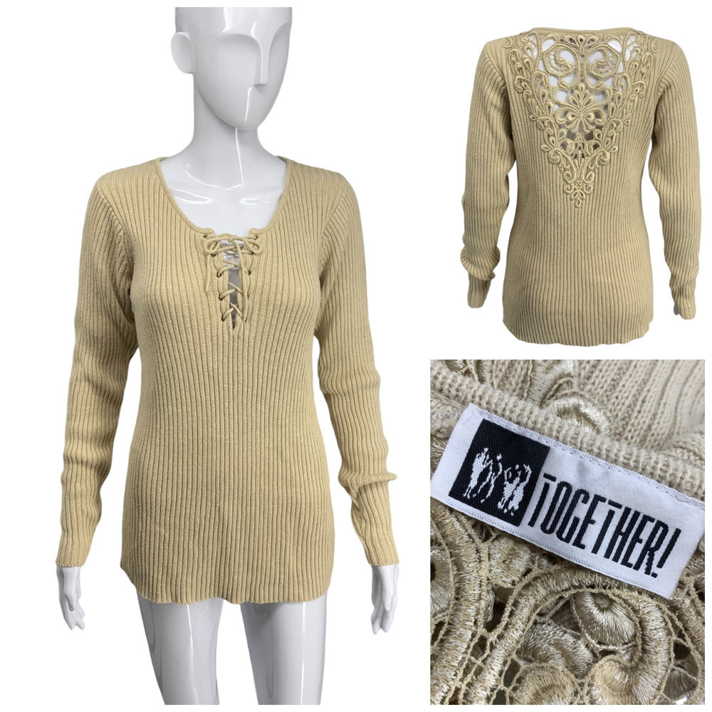 Vintage 1990s Together! Sz S Tan Sweater Ribbed Knit Lace Front Lace Back Panel